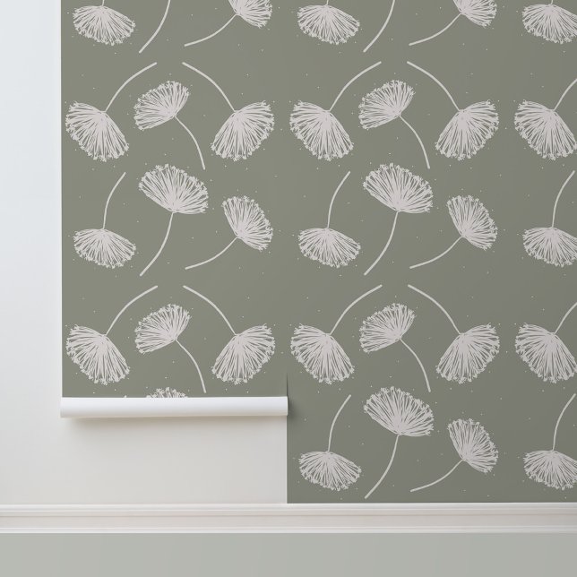 手描きフローラタンポポセージ緑 壁紙 (Stylish Rustic Dandelions Peel and Stick Wallpaper.)