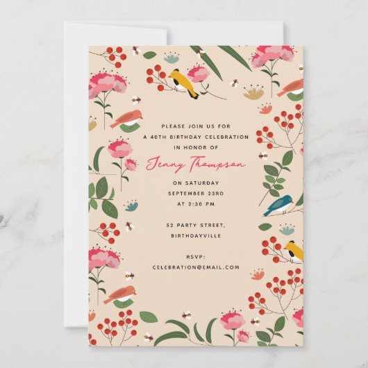 手描きフローラバードビーズボタニカル誕生日 招待状 (正面)