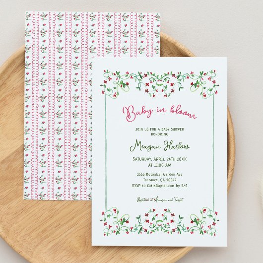 手描きフローラベビーイン開花ガールベビーシャワー 招待状