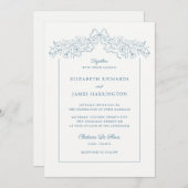 手描きフローラボウフレームダスティブルー結婚ズ 招待状 (正面/裏面)