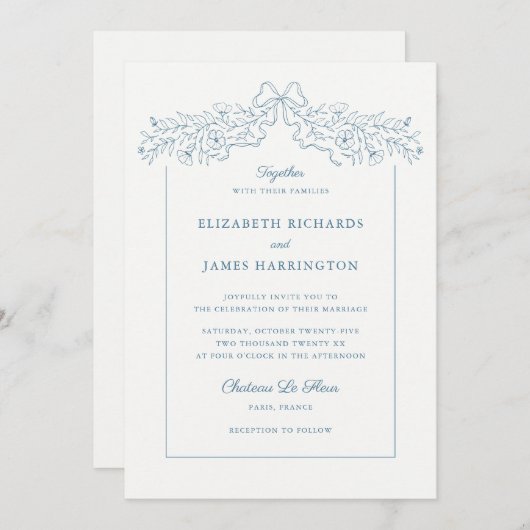 手描きフローラボウフレームダスティブルー結婚ズ 招待状 (正面/裏面)