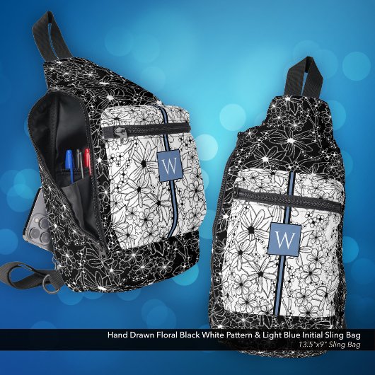 手描きフローラ白黒パターンイニシャル スリングバッグ