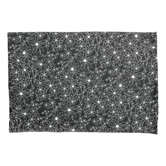 手描きフローラ白黒可逆パターン 枕カバー (正面)