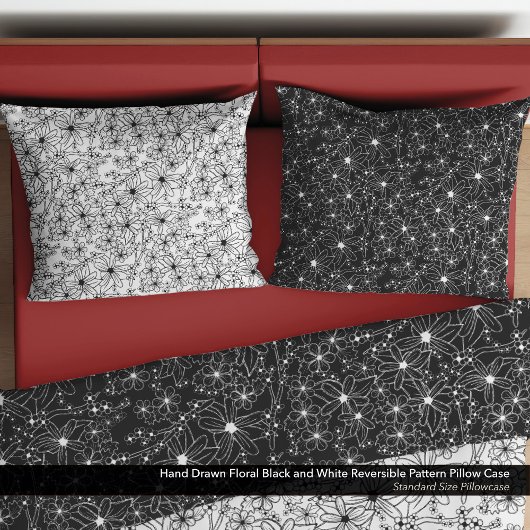 手描きフローラ白黒可逆パターン 枕カバー