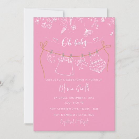 手描きフローラ衣服物干し線ベビーシャワー 招待状 (正面)
