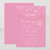 手描きフローラ衣服物干し線ベビーシャワー 招待状 (正面/裏面)