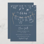 手描きフローラ衣服物干し線ベビーシャワー 招待状 (正面/裏面)