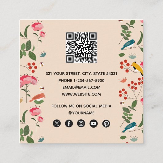 手描きフローラ鳥蜂のパターン スクエア名刺 (裏面)