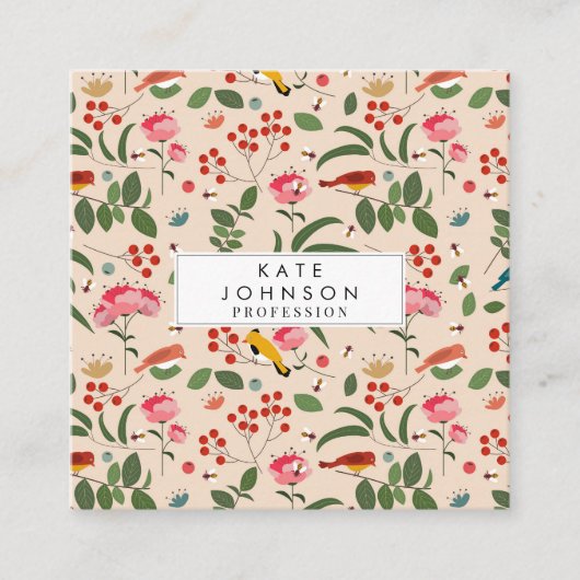 手描きフローラ鳥蜂のパターン スクエア名刺 (正面)