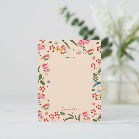 手描きフローラ鳥蜂の植物模様 サンキューカード (スタンド正面)
