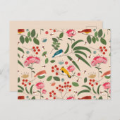 手描きフローラ鳥蜂の植物模様 シーズンポストカード (正面/裏面)