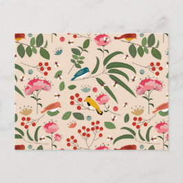 手描きフローラ鳥蜂の植物模様 シーズンポストカード