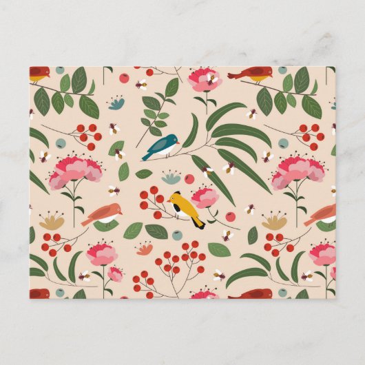 手描きフローラ鳥蜂の植物模様 シーズンポストカード (正面)