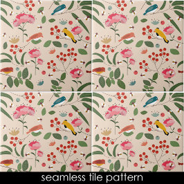 手描きフローラ鳥蜂の植物模様 タイル