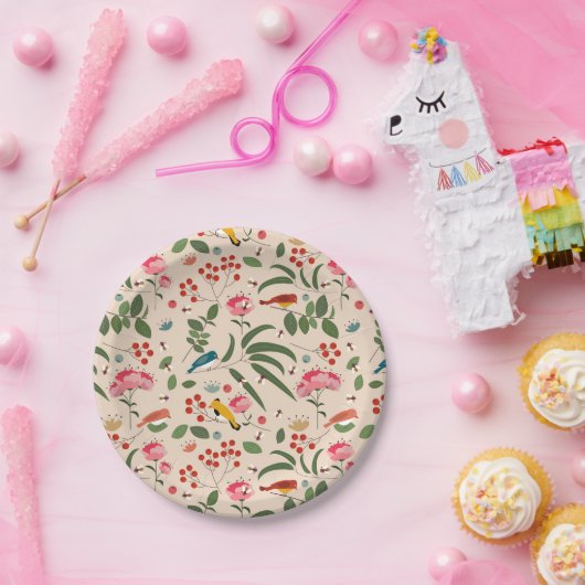 手描きフローラ鳥蜂の植物模様 ペーパープレート (パーティー)