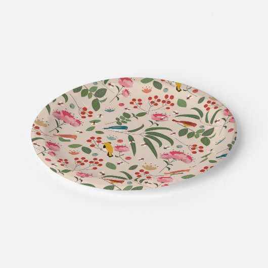 手描きフローラ鳥蜂の植物模様 ペーパープレート (アングル)