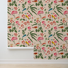 手描きフローラ鳥蜂の植物模様 壁紙