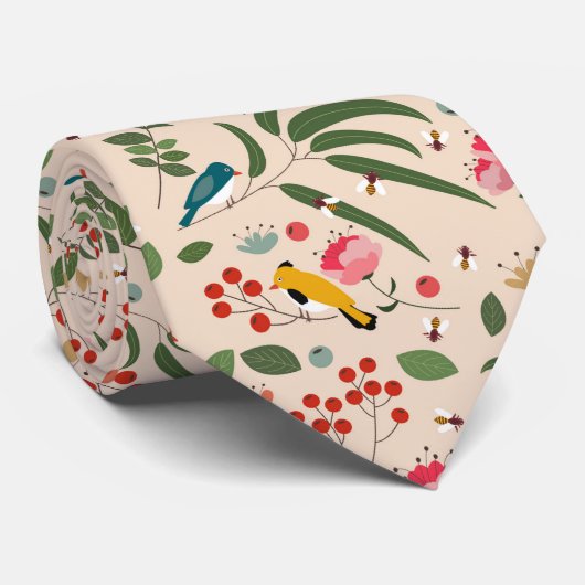 手描きフローラ鳥類の植物模様 ネクタイ (ロール)