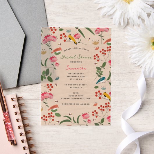 手描きフローラ鳥類ハチフローラブライダルシャワー ベラム紙招待状 (ウェディング)