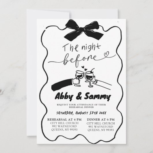手描きブラックボウカップルのトーストリハーサルディナー 招待状 (正面)