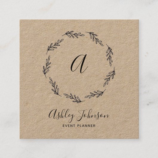 手描きブラックリースモノグラムイニシャルクラフト スクエア名刺 (正面)