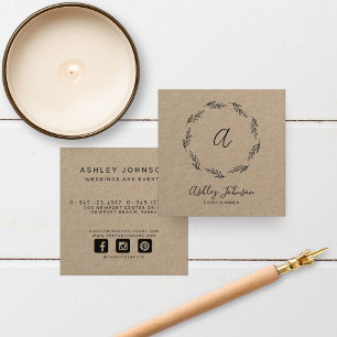 手描きブラックリースモノグラムイニシャルクラフト スクエア名刺