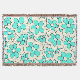 手描きブルーとクリームフラワーデザイン スローブランケット