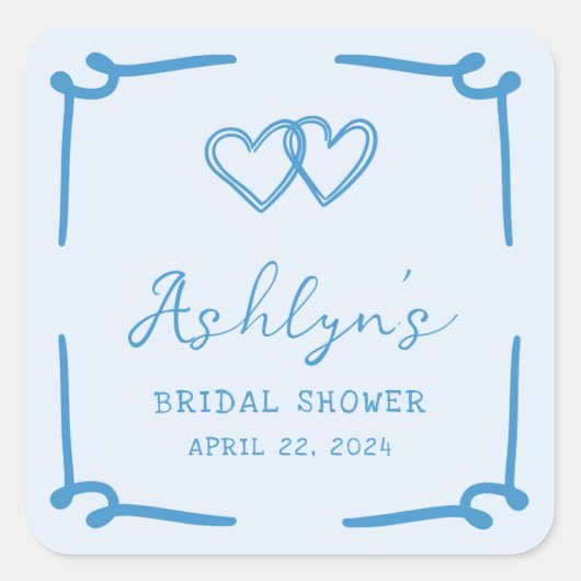 手描きブルーハートブライダルシャワーシール スクエアシール (正面)
