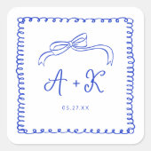 手描きブルーフランスのズ結婚モノグラム スクエアシール (正面)