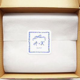 手描きブルーフランスのズ結婚モノグラム スクエアシール