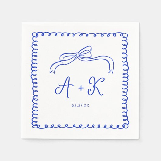 手描きブルーフランスのズ結婚モノグラム スタンダードカクテルナプキン (正面)