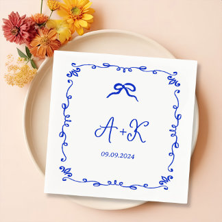 手描きブルーフランスのズ結婚モノグラム スタンダードカクテルナプキン