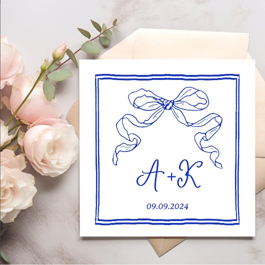 手描きブルーフランスのズ結婚モノグラム スタンダードカクテルナプキン