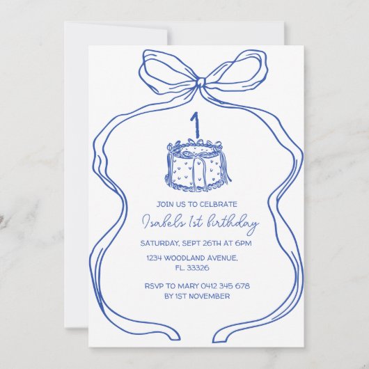 手描きブルーボウ1st誕生日、ヴィンテージケーキ 招待状 (正面)