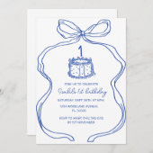 手描きブルーボウ1st誕生日、ヴィンテージケーキ 招待状 (正面/裏面)