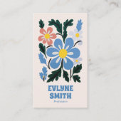 手描きブルーレトロGroovy QRコードフローラトレンディー 名刺 (正面)