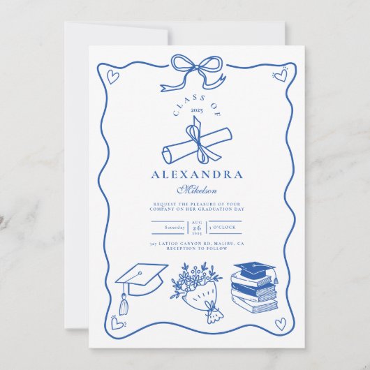 手描きブルー図解入りの、写真付きのの卒業式パーティー 招待状 (正面)