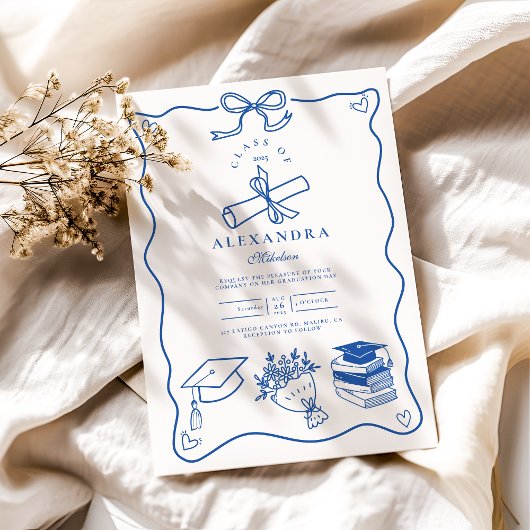 手描きブルー図解入りの、写真付きのの卒業式パーティー 招待状