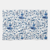 手描きブルー&ホワイトチノイセリーフローラスタイル キッチンタオル (横)
