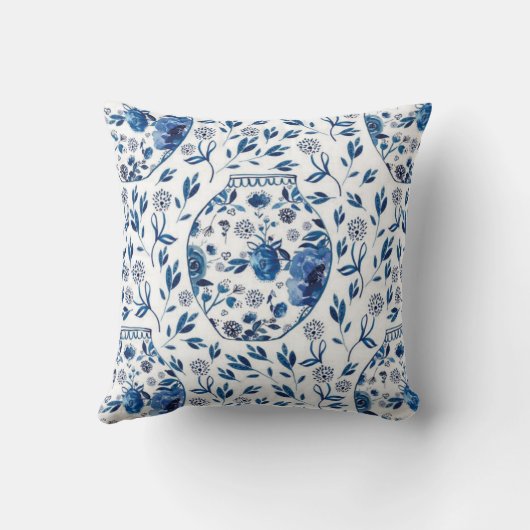 手描きブルー&ホワイトチノイセリーフローラスタイル クッション (裏面)