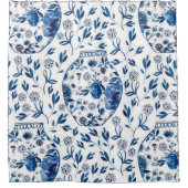 手描きブルー&ホワイトチノイセリーフローラスタイル シャワーカーテン (正面)