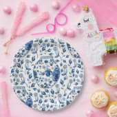 手描きブルー&ホワイトチノイセリーフローラスタイル ペーパープレート (パーティー)