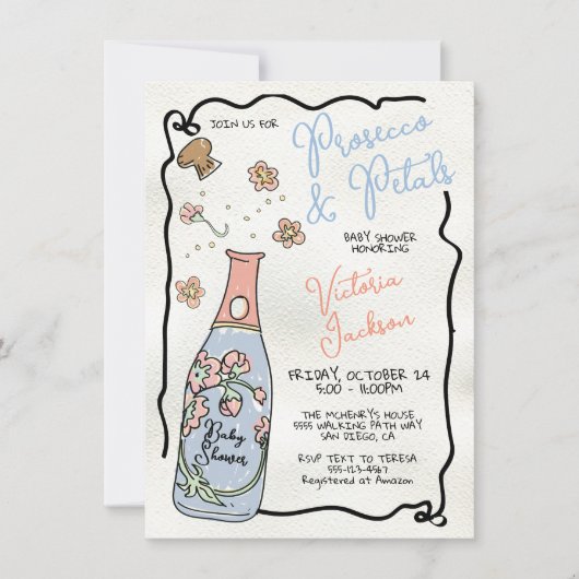 手描きプレセコと花びら赤ちゃんシャワーのバースト 招待状 (正面)