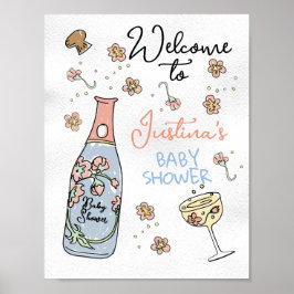 手描きプレセッコと花びらベビーシャワーへようこそ ポスター