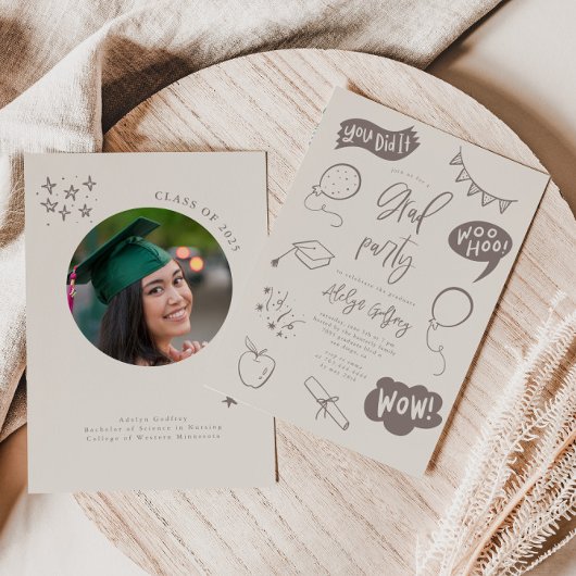 手描きベージュ予測できな卒業式パーティー 招待状