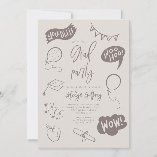 手描きベージュ予測できな卒業式パーティー 招待状 (正面)