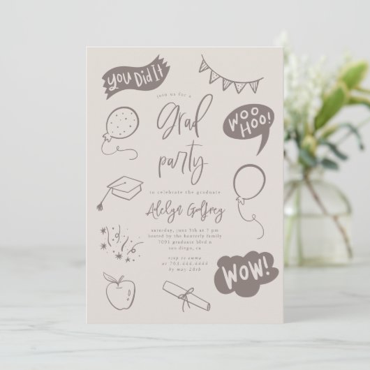 手描きベージュ予測できな卒業式パーティー 招待状 (スタンド正面)