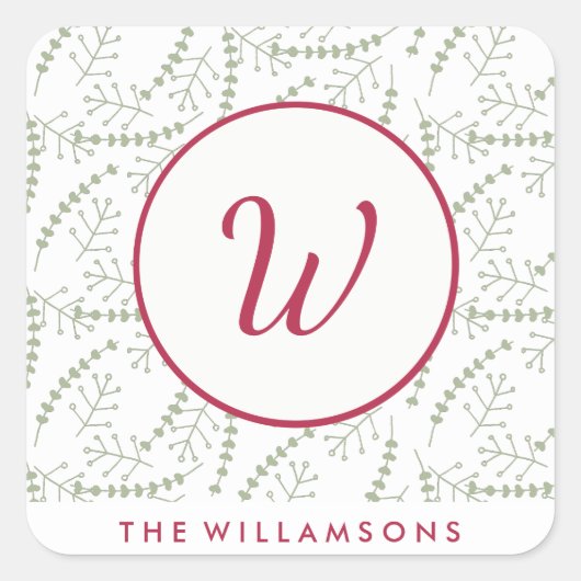 手描きホリデーブランチレッドモノグラム スクエアシール (正面)