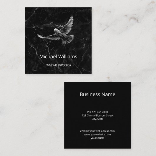 手描きホワイト鳩ブラックマーブルビジネスカード スクエア名刺 (正面/裏面)