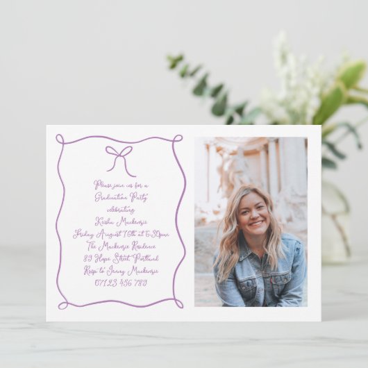 手描きボウフォトパープル卒業パーティー 招待状 (スタンド正面)